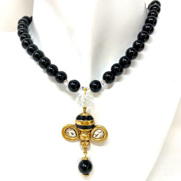 Hand Crafted Jewelry - Sparkling bee pendant w/ black jasper + earrings